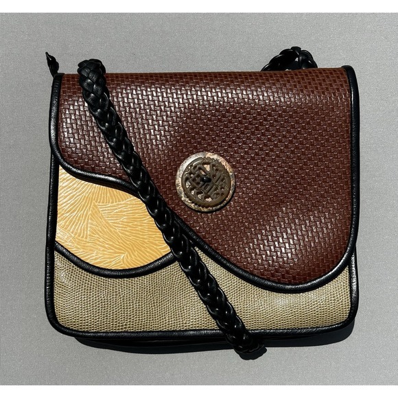 Ward & Eis Petasky Handbags - Vtg Ward & Eis Petoskey Leather Crossbody Bag Basketweave Embossed Braided Strap